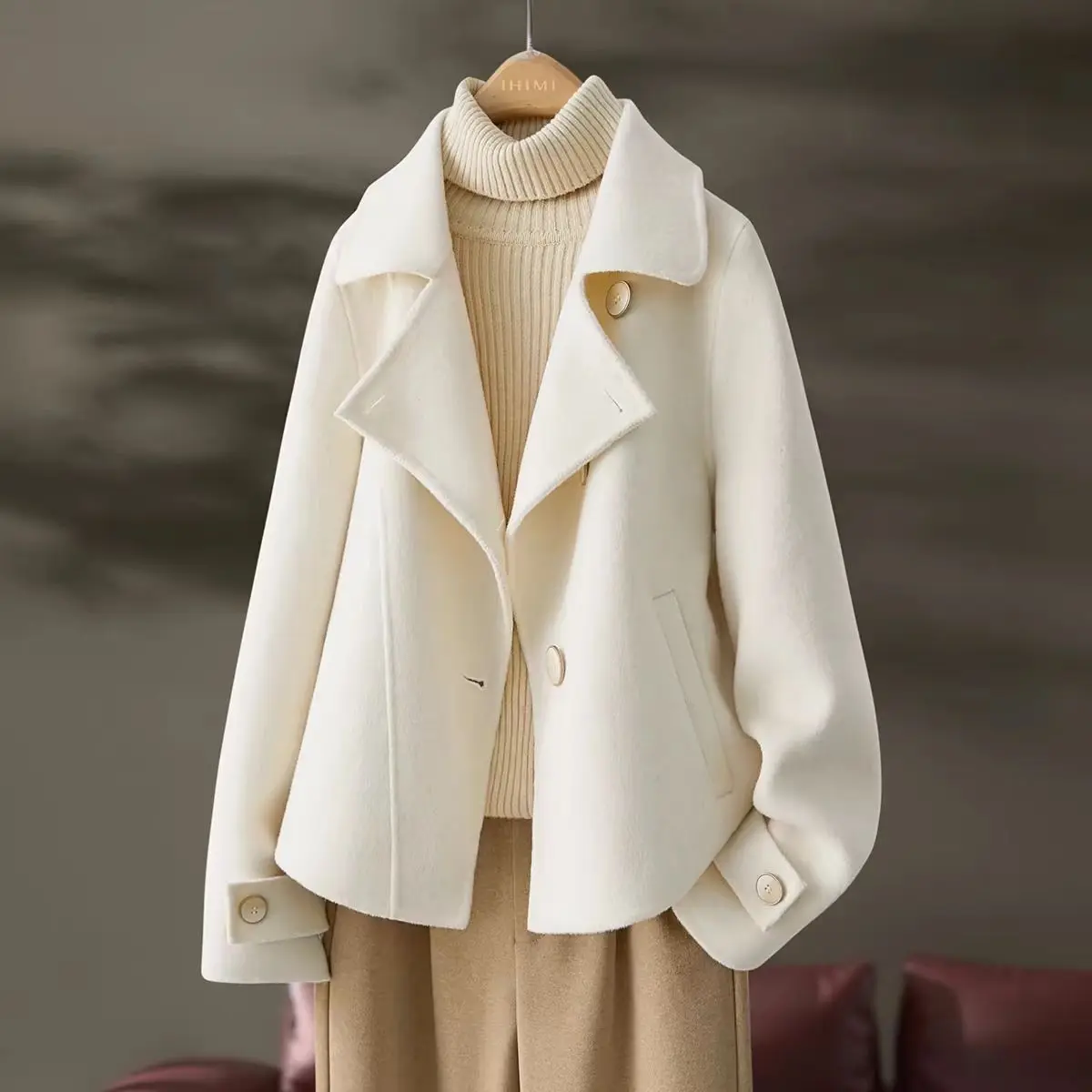 

Creamy-white Woolen Coat For Women In Autumn Winter New High-End Loose Casual Luxury Outwear Woolen single-breasted Short Jacket