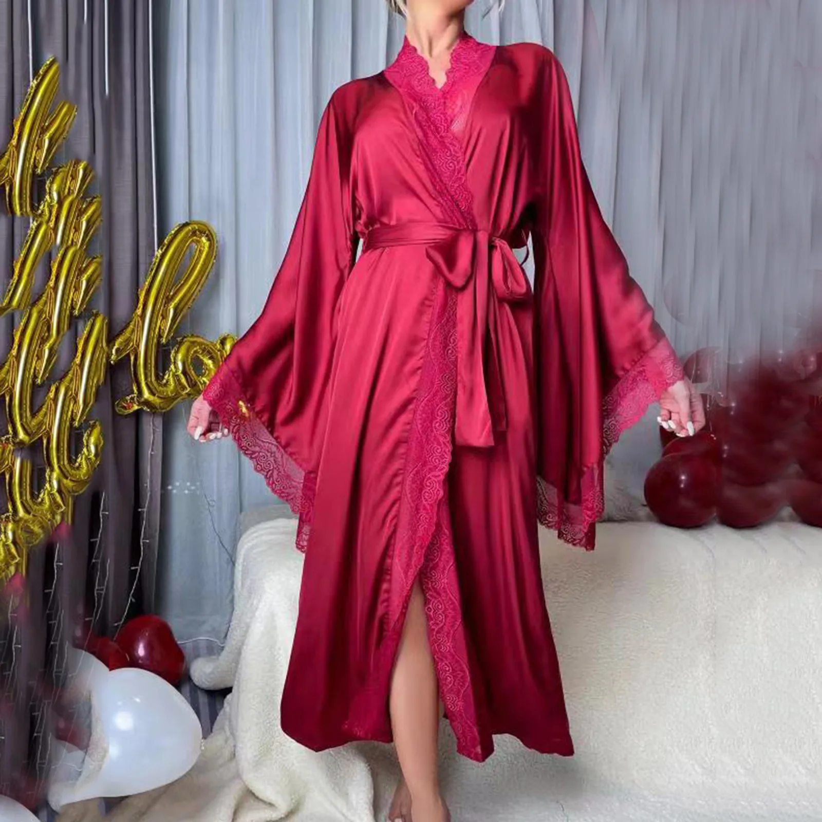 

Women'S Satin Silk Robe Female Sleepwear Lace Patchwork Long Bathrobes Ladies Flare Sleeve Nightgown Soft Silk Dressing Gowns