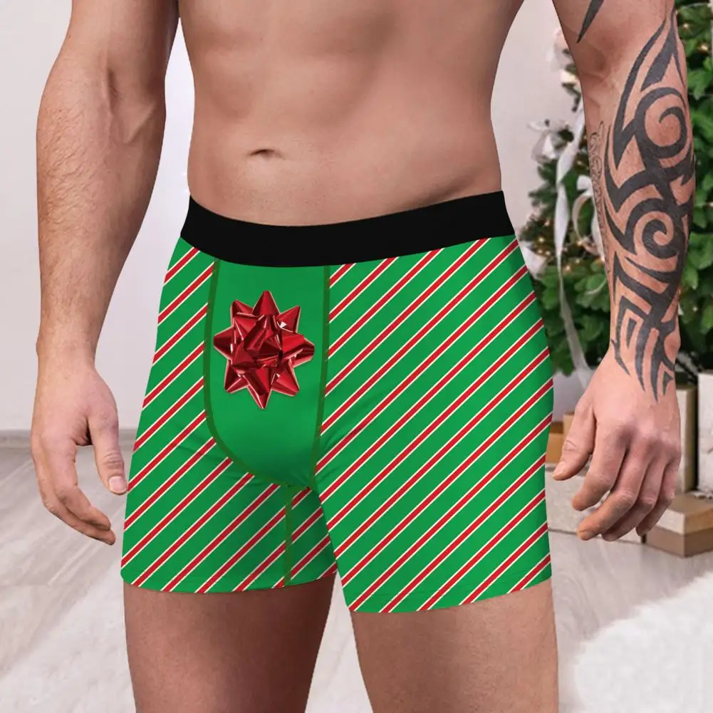 

Men Milk Silk Boxers Festive Men's Christmas Boxers with Digital Print Striped Design Soft Breathable Fabric Slim for Holiday