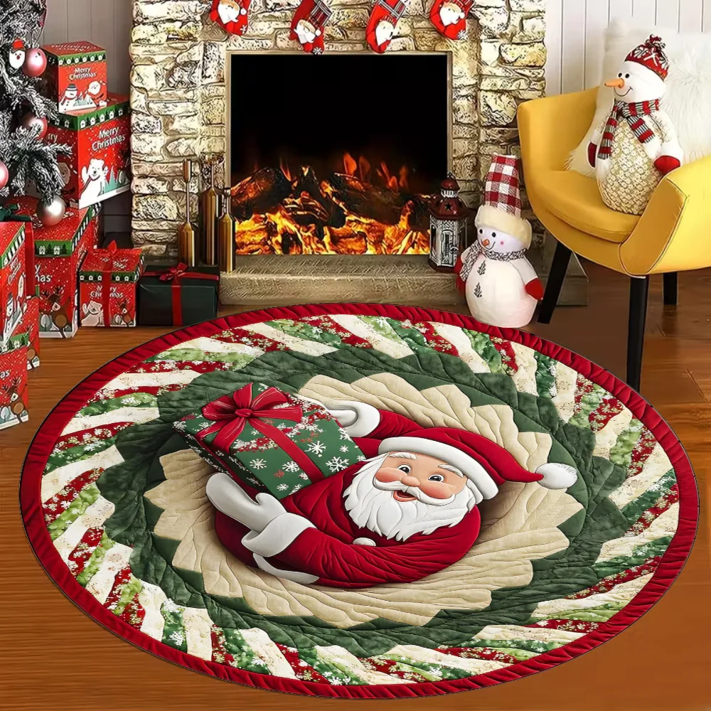 VIKAMA Christmas-themed Round Rug Stain-resistant and Durable Bedside Mat for Bedroom Living Room Sofa Rug Home Decor