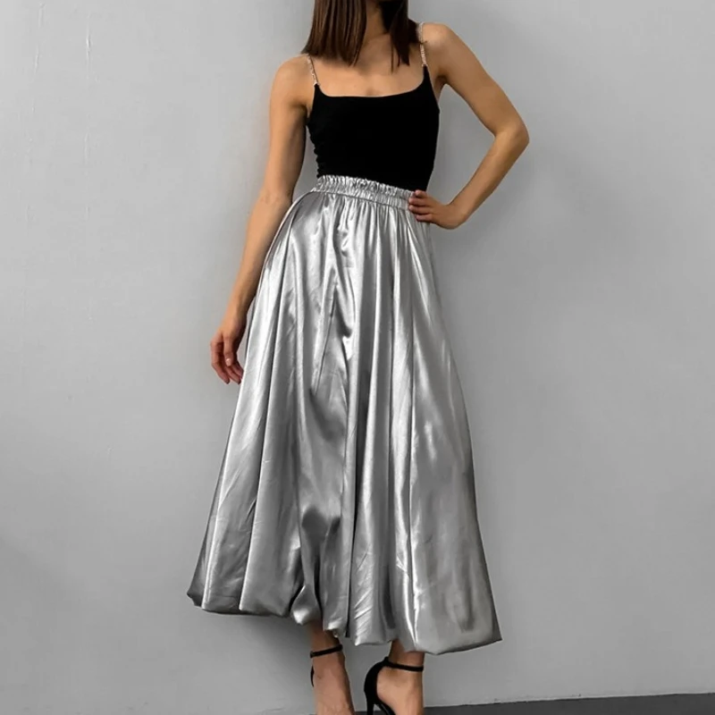 Design Reflective Cloth High Waist Skirt Balloon Skirt 2026 Autumn Fashion New Women's Long Dress