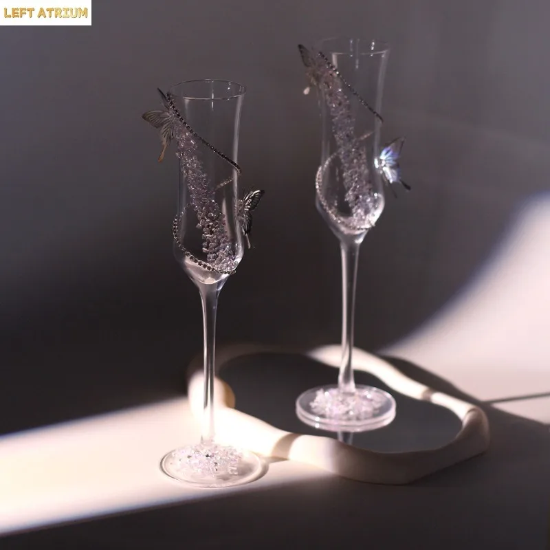 Butterfly Diamond Champagne Flutes Set, Lead-Free Crystal Wedding Toast Glasses, Elegant Highball Gift for Luxury Party Decor