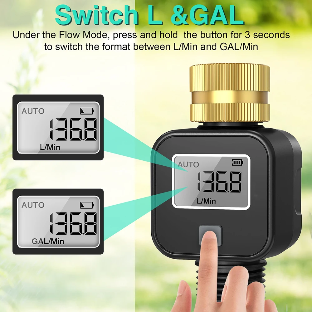 Digital Water Flow Meter High Accuracy IP5X Measure Water Consumption and Flow Rate for Outdoor Garden Watering Irrigation Hose
