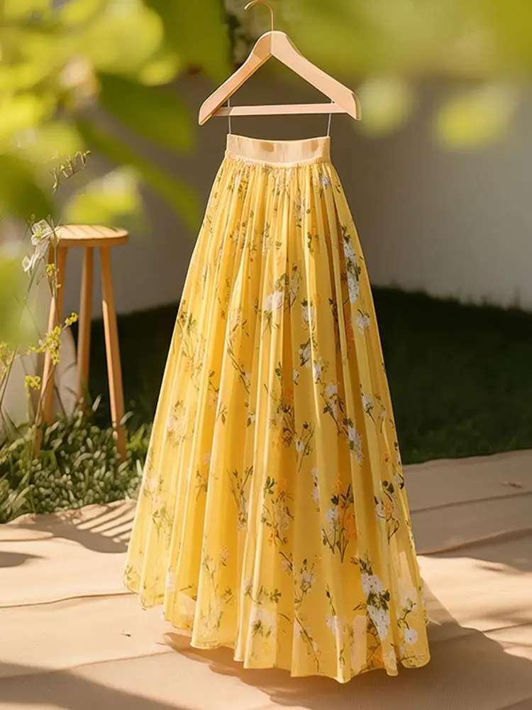 

French Chic Long Skirts Elegant Floral Print Pleated High Waist All Match Skirt Fashion Vintage 2025 Summer New Women's Clothing