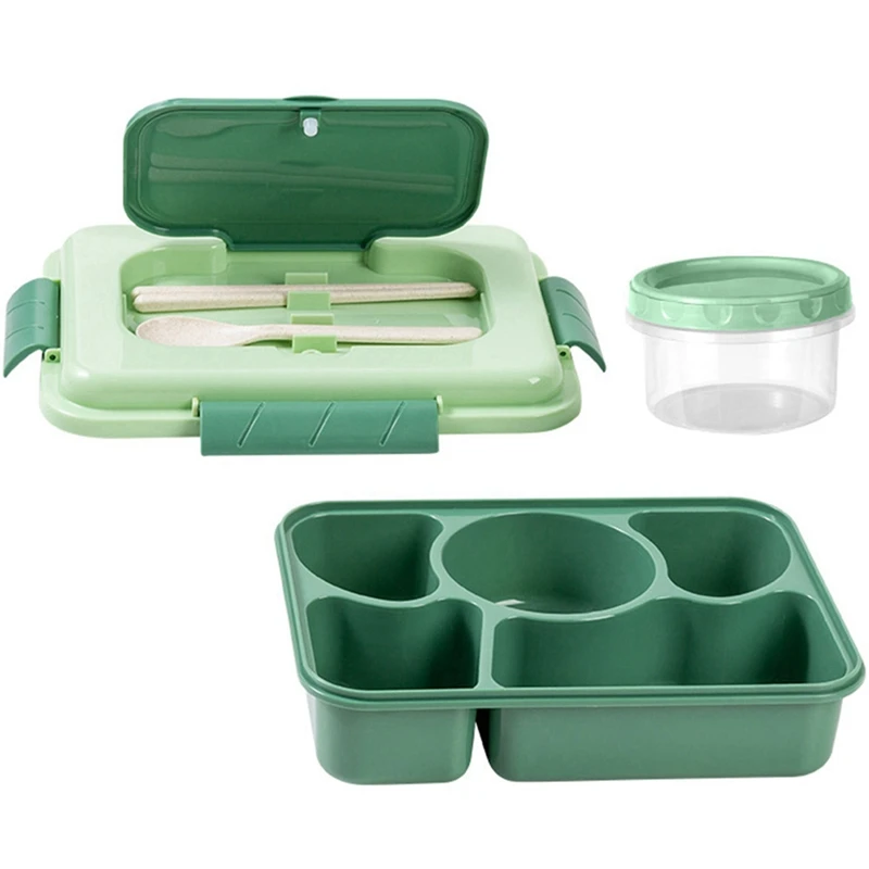 Lunch Box 1600Ml 5 Compartment Bento Box Adult With Built-In Reusable Spoon Chopsticks Travel Home Essentials (Green)