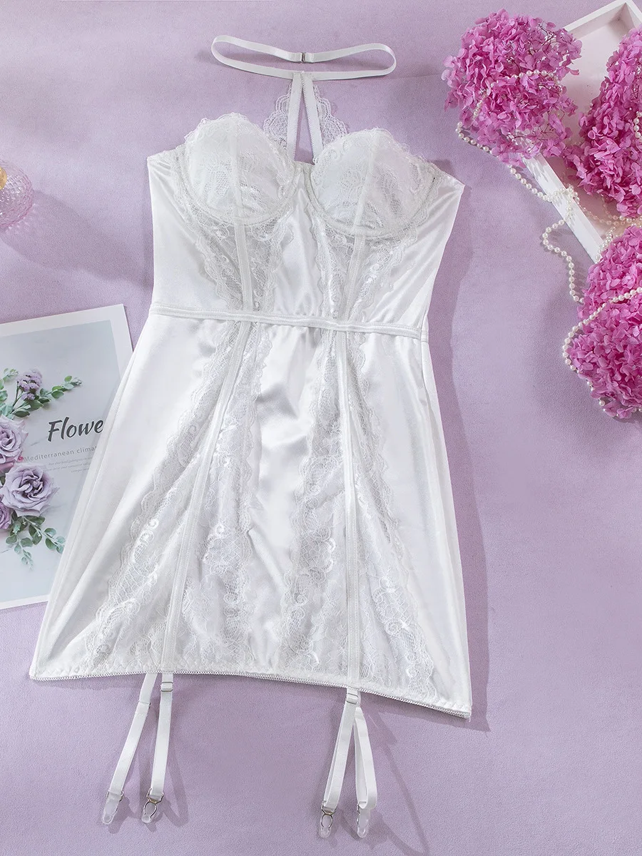 Lace Printing Patchwork Sexy Gathered Chest Wrap Neck Hanging Perspective Party New Style Solid Color Versatile French Dress E3