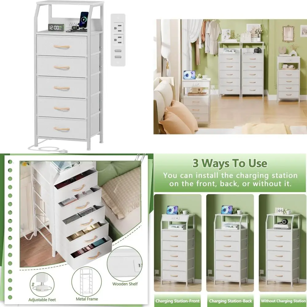 

Современный комод с 5 ящиками и функцией зарядки, высокая тумба с открытой полкой, тканевая тумба для хранения, многофункциональная прикроватная тумбочка белого цвета
