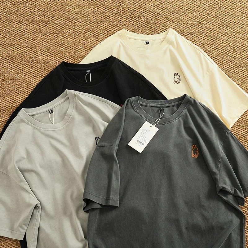 

Лето 2026, новая свободная мужская футболка с короткими рукавами в стиле ретро, простая однотонная вышивка, круглый вырез