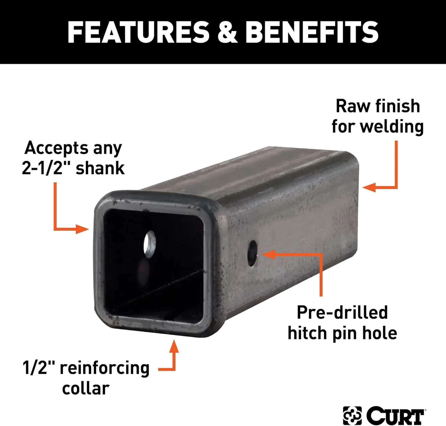 49510 Tubo receptor de enganche de remolque de acero crudo soldado de 2-1/2 pulgadas x 10 pulgadas, negro