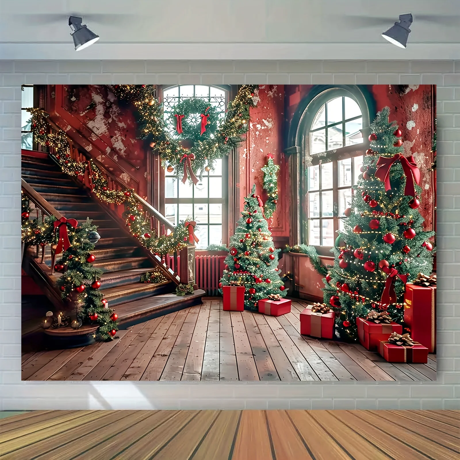 Christmas Cabin and Candy Tree Photographic Background - Versatile polyester fabric for holiday parties and decorations