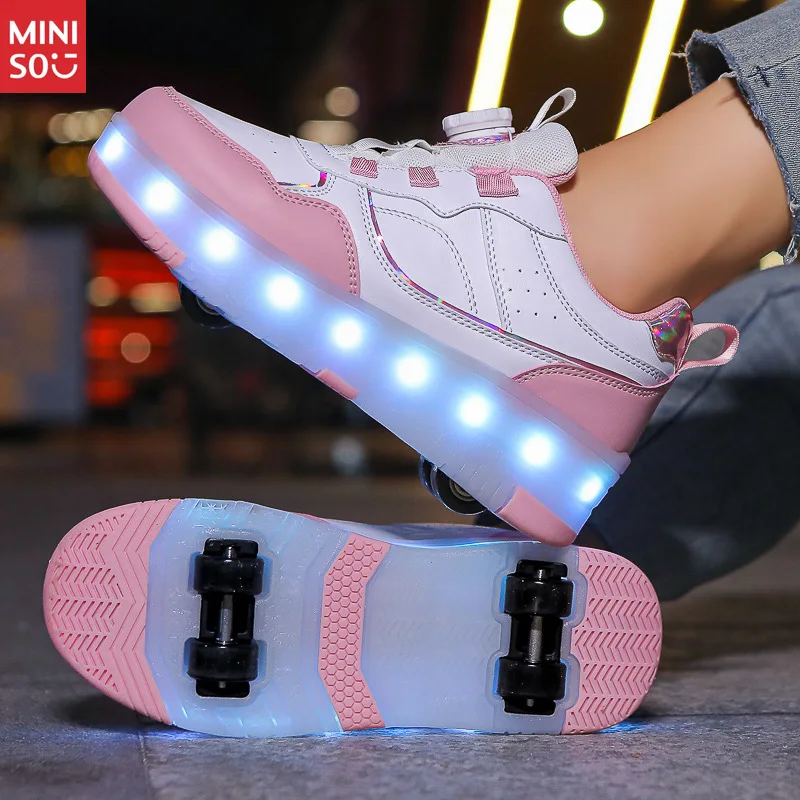 

Miniso Kids Heelys, 4-колесные роликовые туфли со светодиодной подсветкой, кроссовки для скейтбординга для мальчиков и девочек, перезаряжаемые на колесах