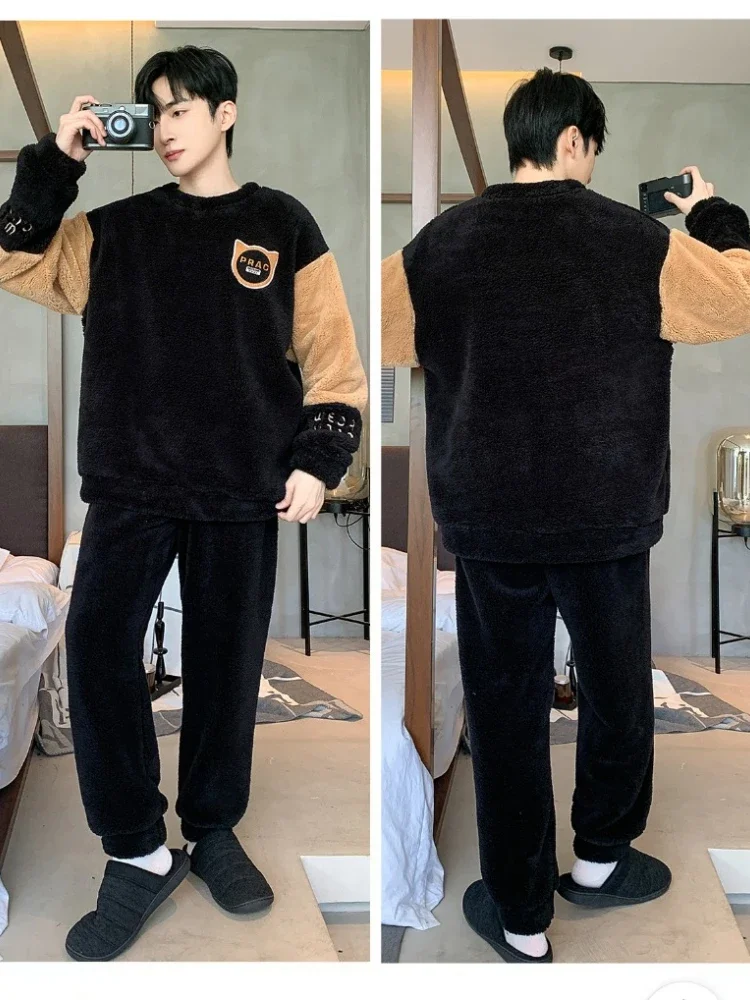 Large Size Thicken Flannel Pajamas Men Winter Warm Plush Soft Sleepwear Korean Student Cartoon Loose Homesuit Thermal Outfits