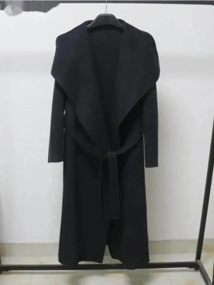 Casual Double Side Wool Coat Female Solid Color Turn Down Collar Patchwork Lace Up Long Coats 2026 Autumn New 23Z2D4X