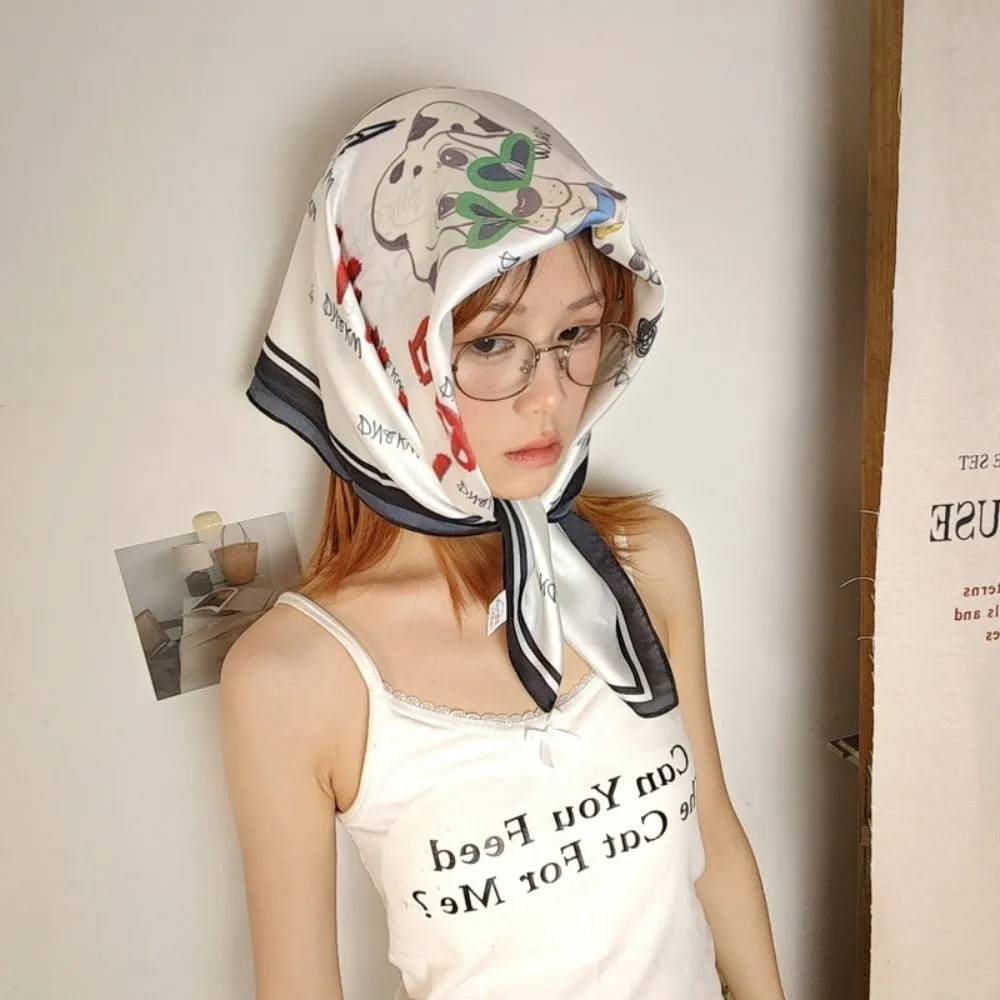 

Versatile Breathable Flower Printed Scarf Spotted Dog Cat Silk Satin Turban Graceful Satin Fabric Square Headband Headwear