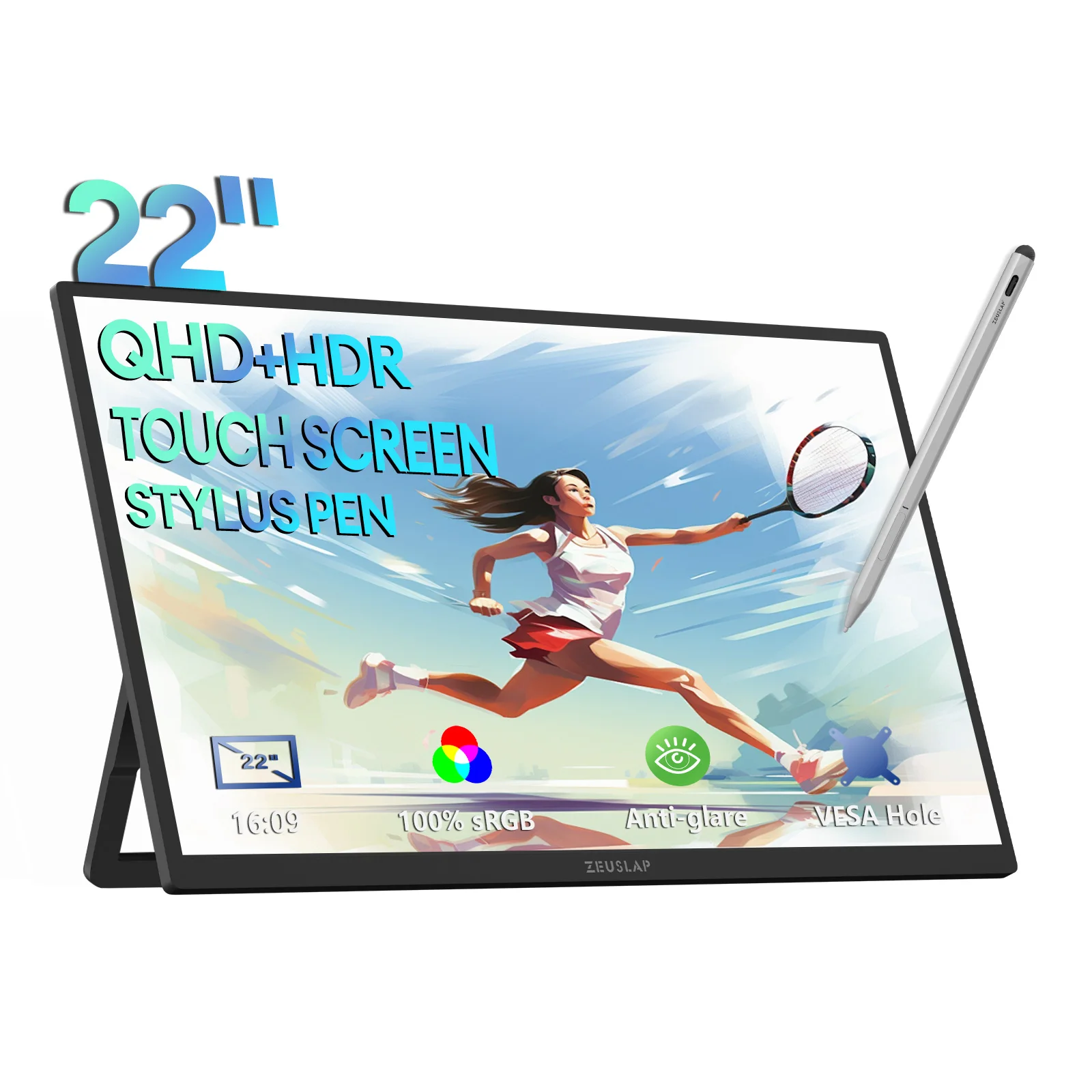 

ZEUSLAP 22 "2500*1440P Стилус Touching 100%sRGB Thunderbolts Тип C Выход HDMI для телефона, NS, PS5, портативного ПК Удлинительный монитор