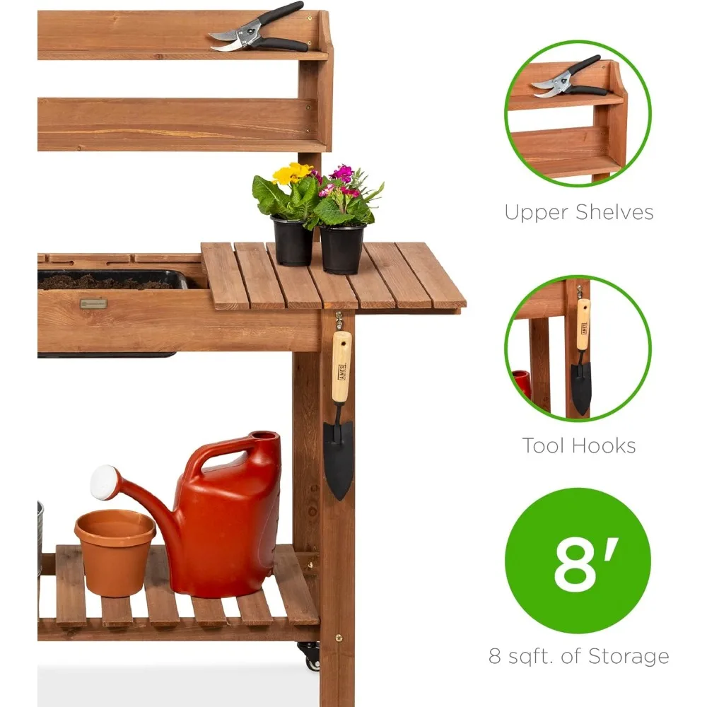 Banc de rempotage de jardin mobile, table de poste de travail en bois extérieur avec brittop coulissant, 4 roues de verrouillage, évier sec de qualité alimentaire