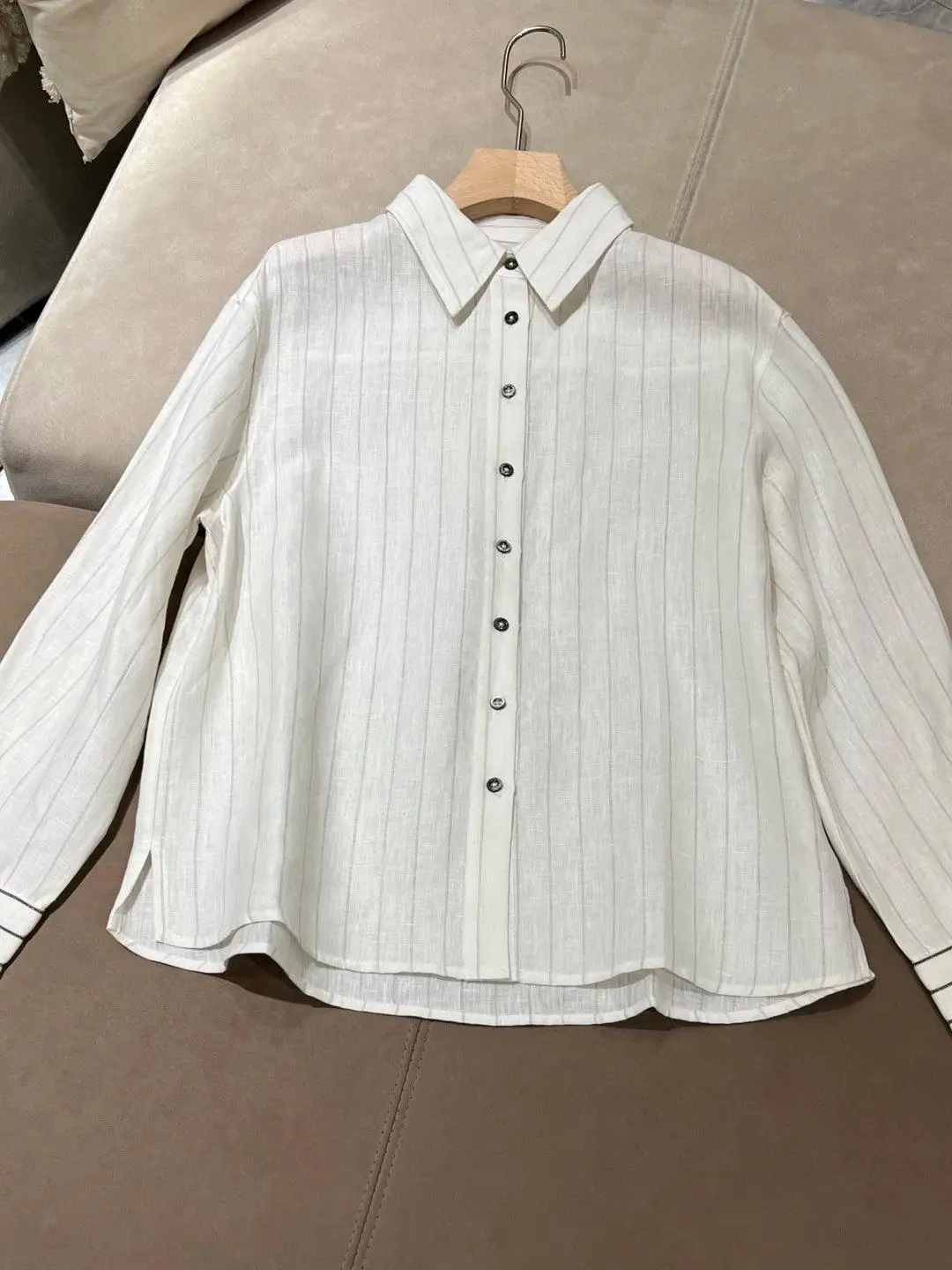 

100% льняная женская рубашка с воротником и пуговицами в форме бриллиантов, высококачественная белая льняная рубашка с вертикальными полосками.