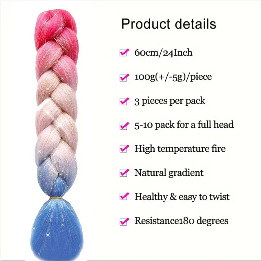 Trenza jumbo larga, cabello trenzado Ombre, 24 pulgadas, extensión de cabello, oropel mezclado, colorido, 3 piezas por lote