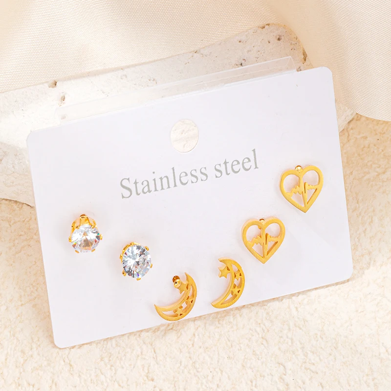 ANENJERY 316L Stainless Steel 6 Pieces Star Moon Zircon Earring for Women Simple Delicate Jewelry Gifts Wholesale