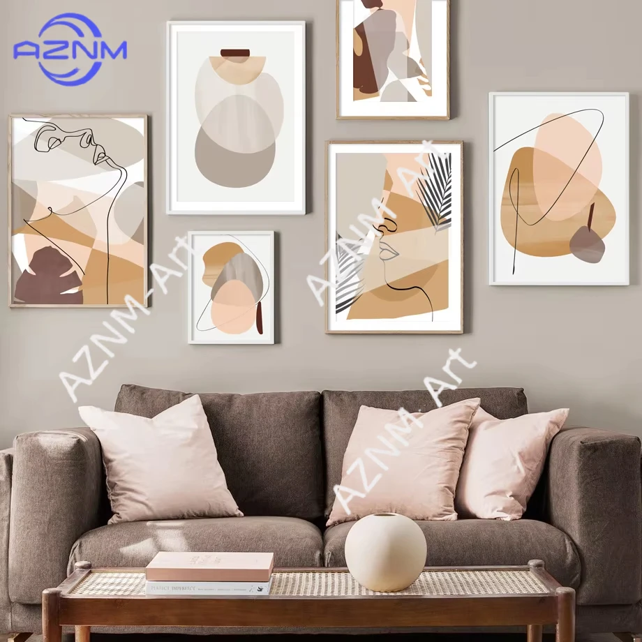 1Pc/6Pcs Abstract Girl Line Face leaves Geometric Wall Art Canvas Painting Nordic Posters And Prints Wall For Living Room Decor