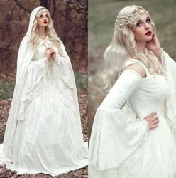 Vintage Gothic White Lace Ball Gown Wedding Dresses With Cloak Plus Size Flare Long Sleeve Medieval Customized Bridal Dress