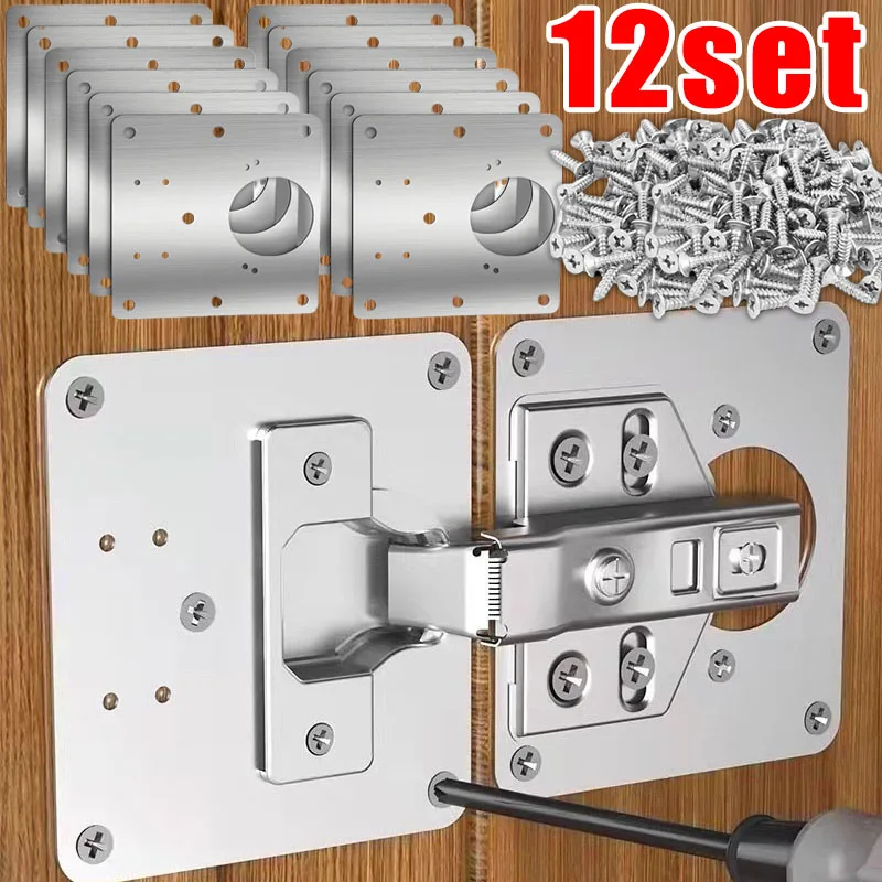 2/12 conjuntos de placa de reparo de dobradiça, dobradiças de porta de armário de cozinha, placa de montagem com parafuso, suporte de fixação plana, ferramentas de hardware de móveis