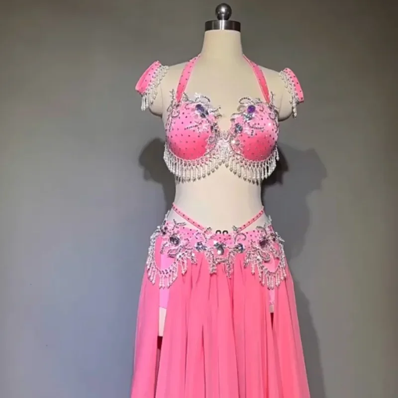 Customized Belly Dance Costume Peach Powder Big Skirt Group Performance Competition Costume Belly Dancing Bra Oriental Dancewear