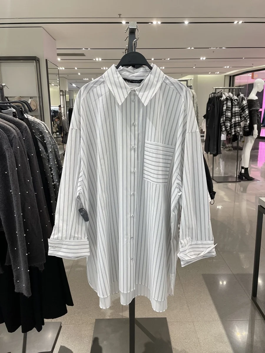 

Autumnal Women's Loose Fit Striped Long Sleeve Shirt Casual Commute Style Mid-Length Open Cardigan Collar 25-29 Years Old