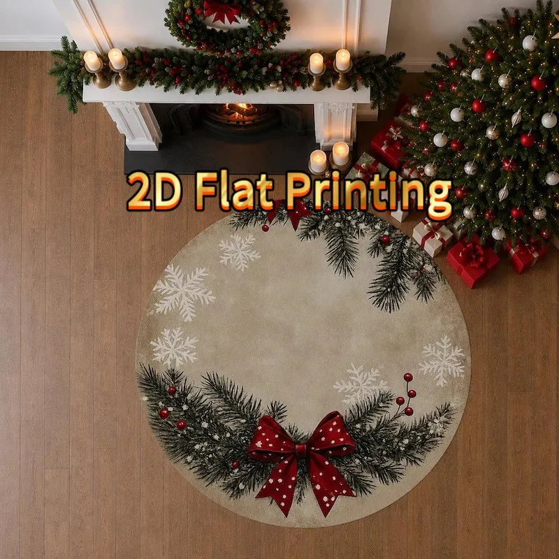 Round Area Rug Snowy Christmas Village Cliff Well Stone Bridge 2D Flat Print for Living Room