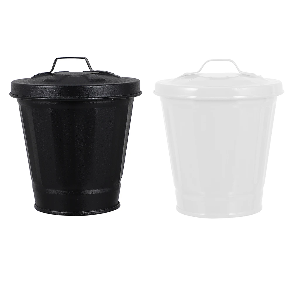 

2Pcs Creative Trash Can Desktop Garbage Bin Iron Flowerpot Lid Mini Wastebasket Container Office Bins Home Use