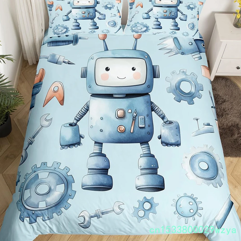 Robot Duvet Cover Cartoon Toys Intelligent Equipment Bedding Set Watercolor Flowers Comforter Cover 3pcs Polyester Quilt Cover