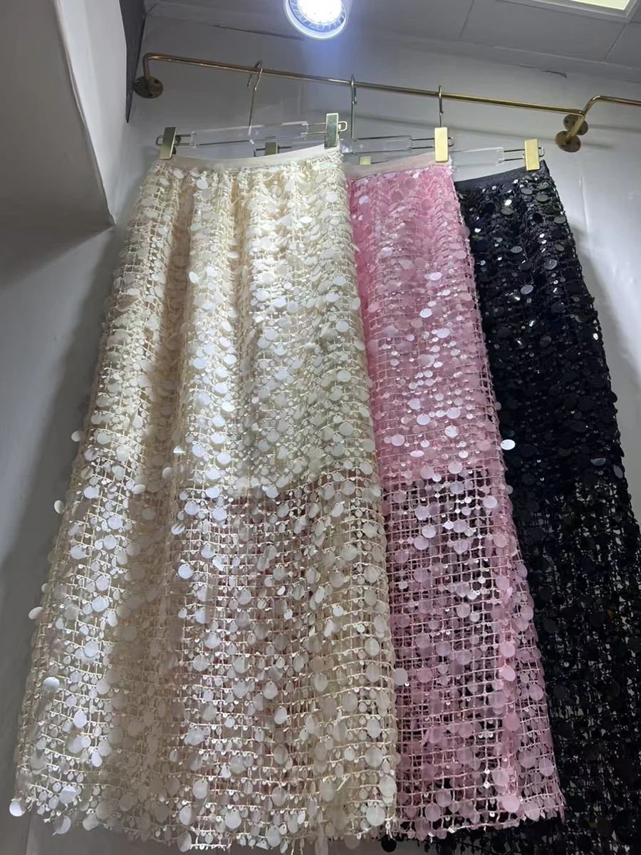 GALCAUR Solid Spliced Hollow Out Elegant Skirts for Women High Waist Patchwork Sequin Temperament Skirt Female Clothing Style