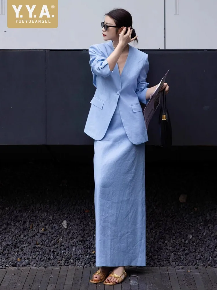 Fashion Linen Spring Summer Suits Sexy Deep V Neck Single Button Back Slit Suit Long Skirt Outfit Work Lady Casual Two Piece Set