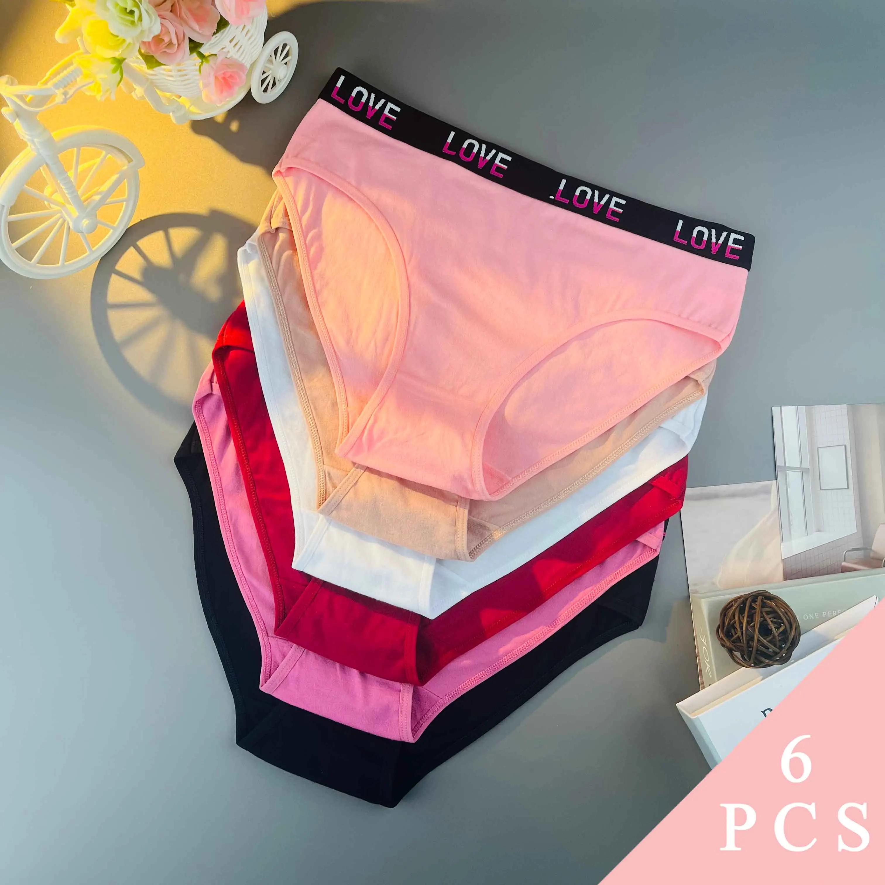 

6 шт. [женское нижнее белье] большие размеры, хлопковые бесшовные трусы с алфавитом «LOVE», удобные дышащие женские трусы со средней промежностью
