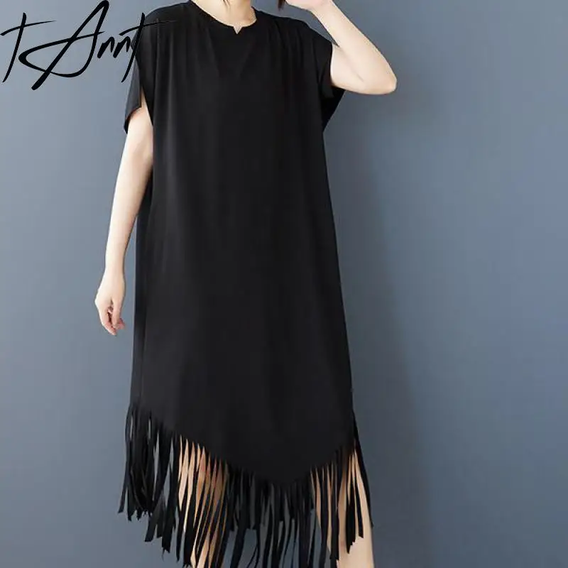 Tannt femmes robe asymétrie gland Patchwork noir t-shirt robes pour femmes irrégulière ample décontracté longues robes d'été 2025