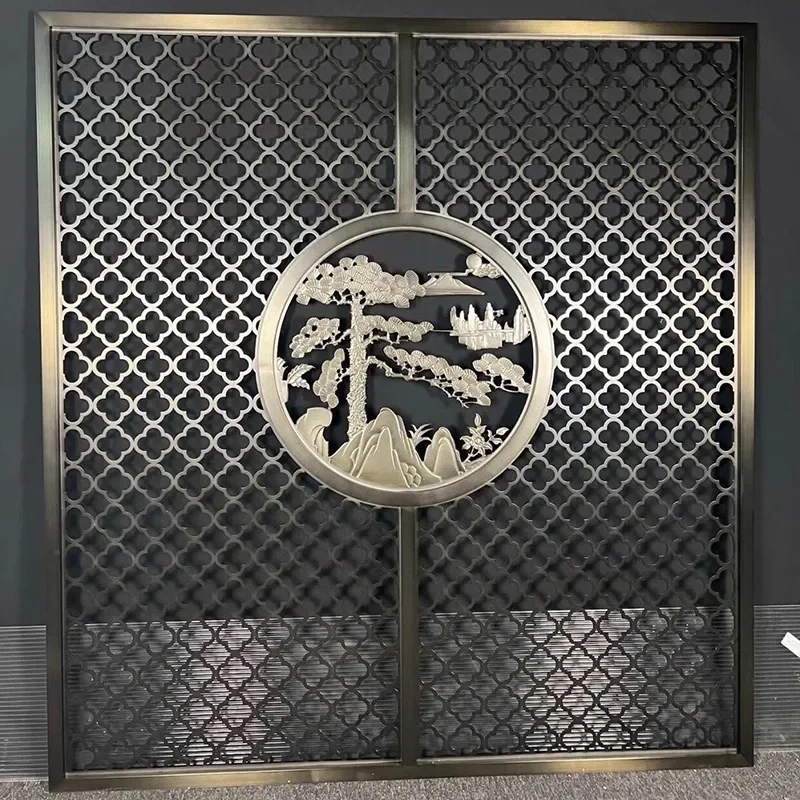 Stainless Steel Hollow Engraved Round Screen Partition High Grade Metal Entrance Door Divider Home Decor Welcome Pine Pattern