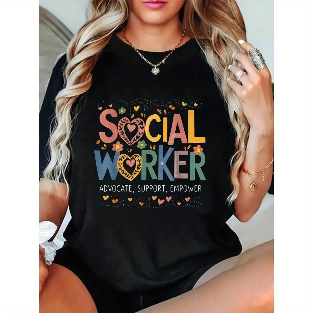 

Women's Social Worker Advocate T-Shirt - Black Background with Colorful "SOCIAL WORKER" Lettering & Hearts - Breathable Everyday