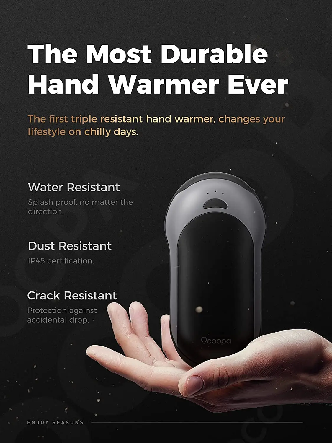 OCOOPA-IP45 Waterproof Hand Warmer, Rechargeable, Up to 15hrs Heat,10000mAh, Durable, Quick Charge, Electric Heater, PD