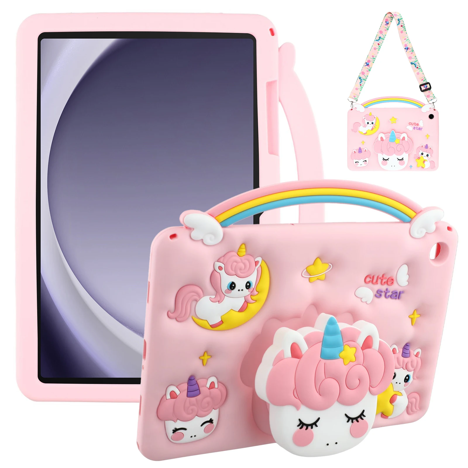 

For Samsung Galaxy Tab A9+ Case Handle Unicorn Retractable Kickstand Silicone Tablet Cover with Shoulder Strap