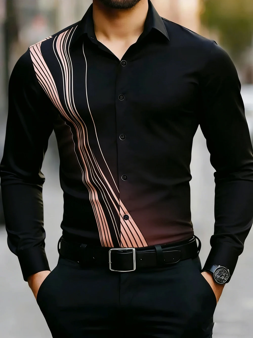 2027 Summer Fashion New long-sleeved Shirt high-definition Line 3D Printing Dark Shirt Casual Business Social men's Clothing