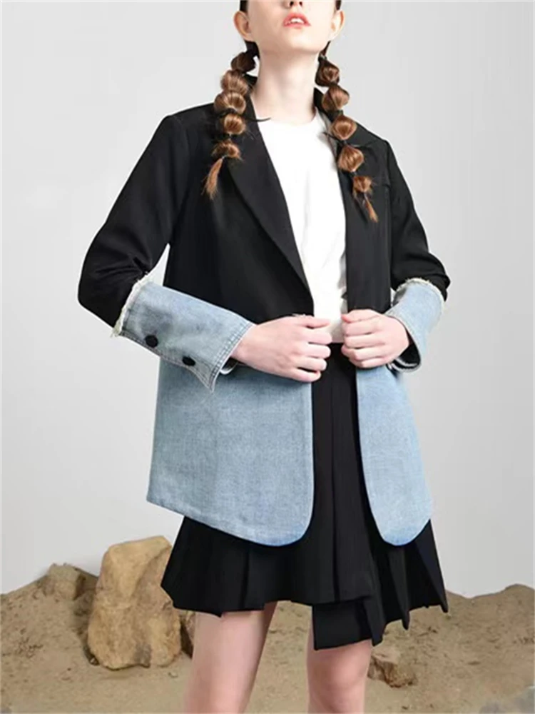 Veste en Denim à Carreaux pour Femme, Design Printemps et Automne, Fouet, Version Coréenne, Blazer Noir à Manches sulf, Manteau Féminin