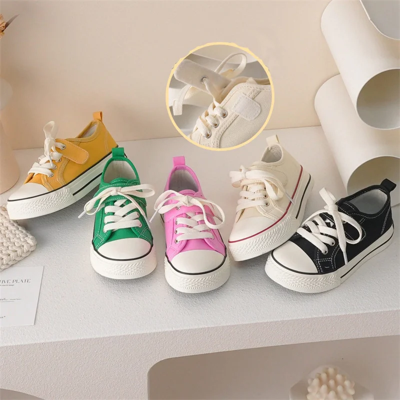 Children Canvas Shoes Girls Fashion Solid Low Top Canvas Shoes Boys Hook-loop Non-slip Wearable Casual Shoes Size 24-35