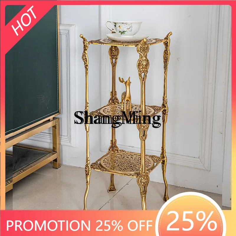 

SM brass carved shelf, living room side table flower stand, three-layer hollow storage rack edge few