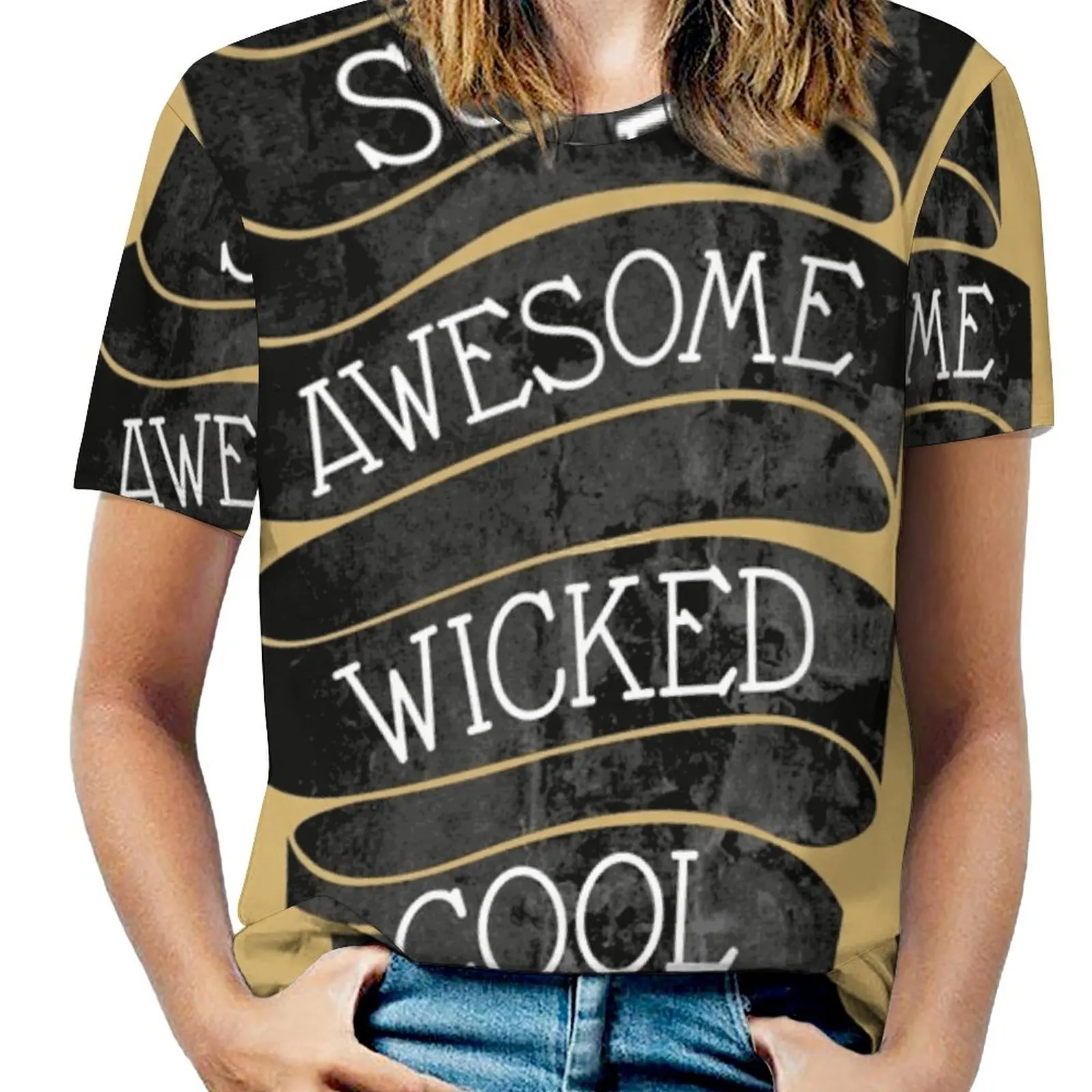 Super Awesome Wicked Cool Women T-Shirt Crewneck Casual Short Sleeve Tops Summer Tees Vintage Typography Arty Geeky Black And