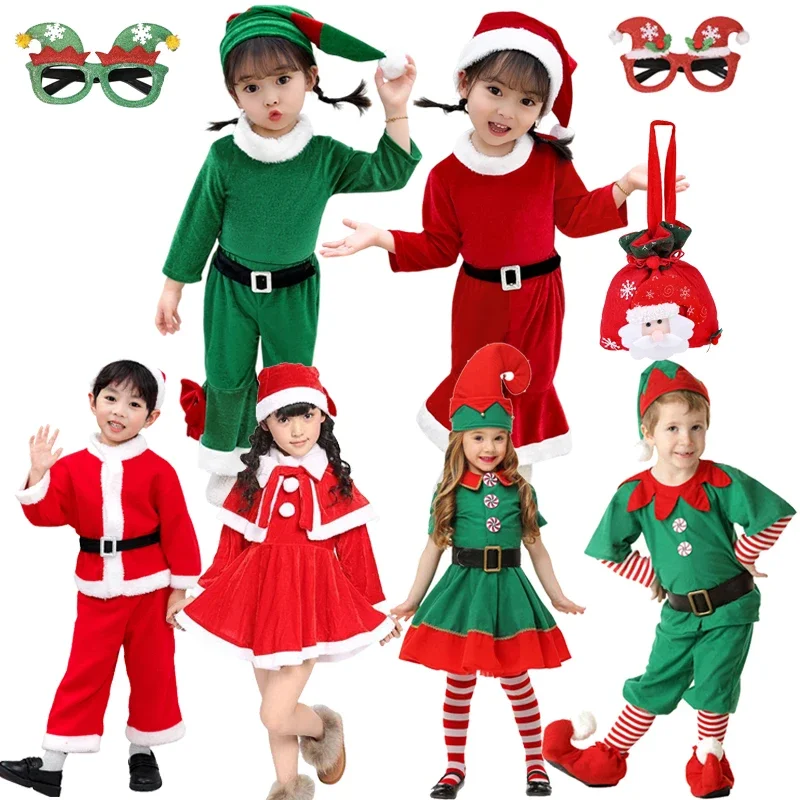 여아용 크리스마스 의상, 산타 클로스 코스프레, 레드 벨벳 탑, 벨트 바지 모자, 새해 코스튬, 어린이 양털 세트