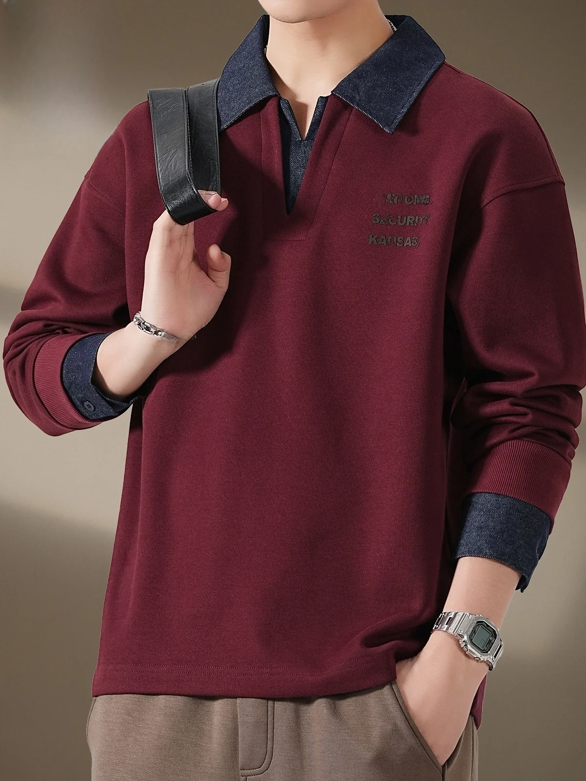 

Fake Two-Piece Hoodie Men's Collared Color Blo Top Spring Casual Long Sve T-irt Youth Faion Polyester Cotton...