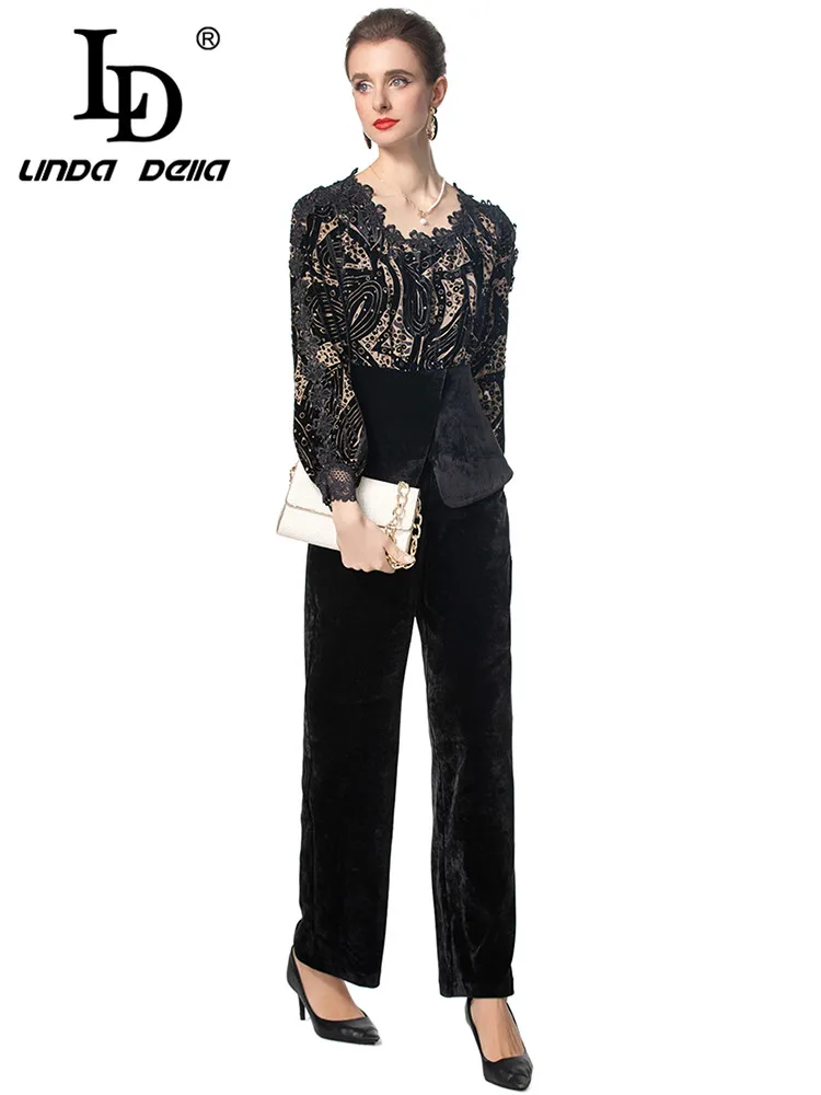 LD LINDA DELLA Autumn and Winter Women\'s Suit Lace Splicing Lantern Sleeved Top+Wide leg pants Black/Red High Street 2 piece set