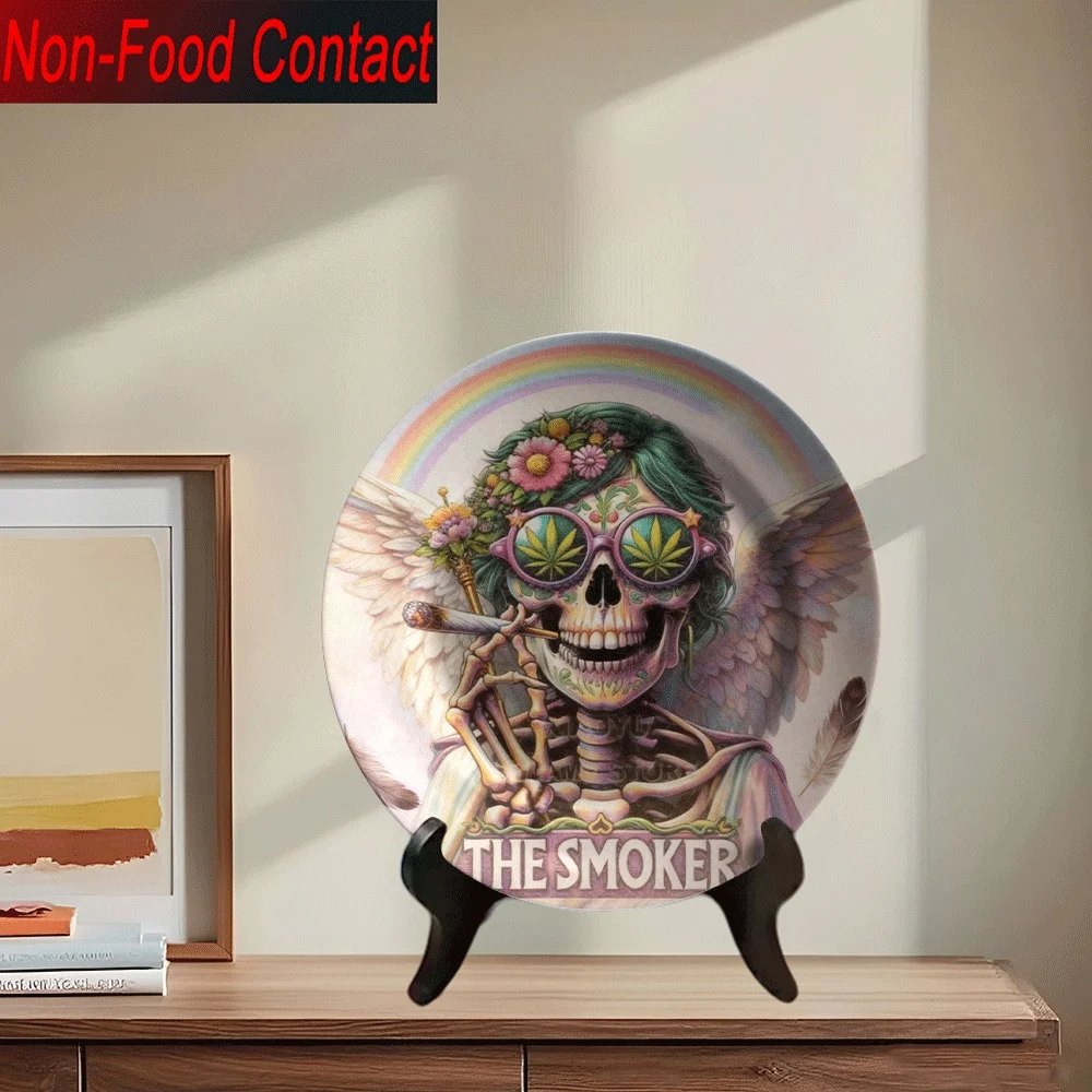 2D Flat, 1pc Gothic Angel & Skull Wall/C Tabletop Ceramic Plate - 2D Flat Angel Wing Skeleton Face Ornament, Durable Ceramic