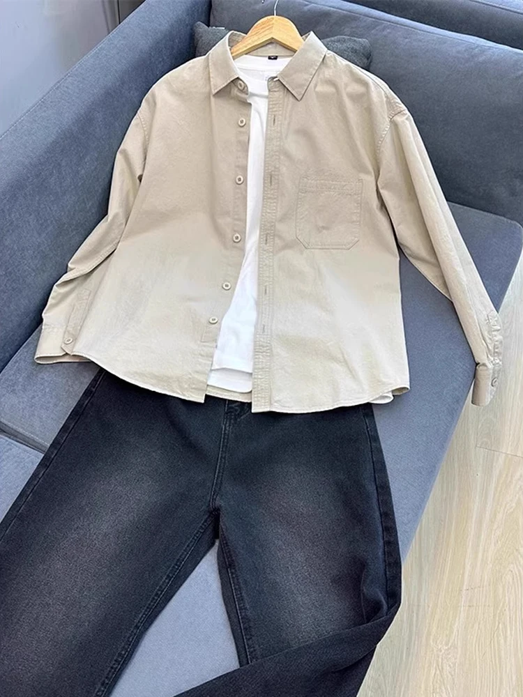 

Khaki Pure Cotton Long Sve Men's irt Trendy Japanese Sle Youthful Workwear Outerwear Button up Spring Season