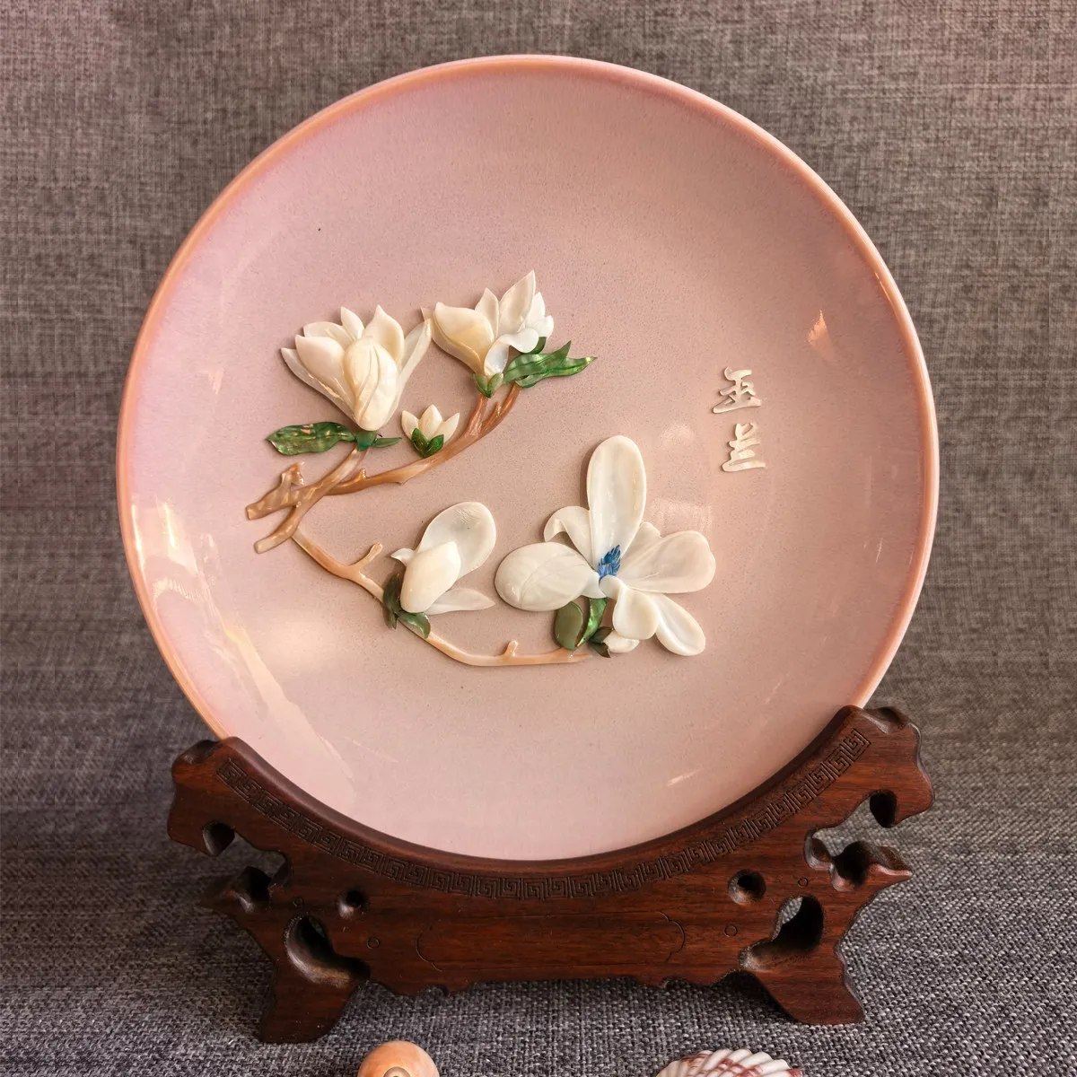 100% Handmade Natural Shell Carving Magnolia Plate, Intangible Cultural Heritage Craft, Business Gift & Cultural Keepsake